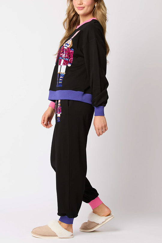 WW | Weihnachtsmann Pailletten Freizeit Sweatshirt und elastische Taillen lockere Taschenhose Set