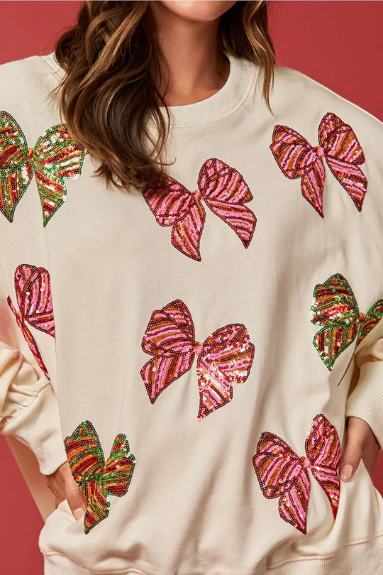 WW | Christmas Bow Sequin Loose Casual Long Sleeve Sweatshirt