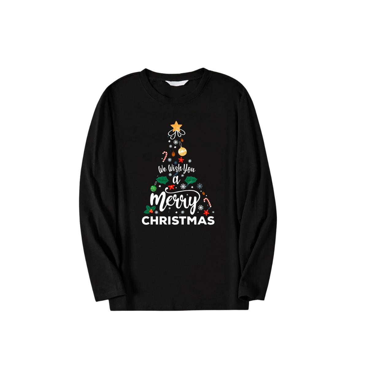 WW | "We wish you a Merry Christmas" Printed Pattern Black Long Sleeve Top with Black and Green Plaid Pants Couple Matching Pajamas