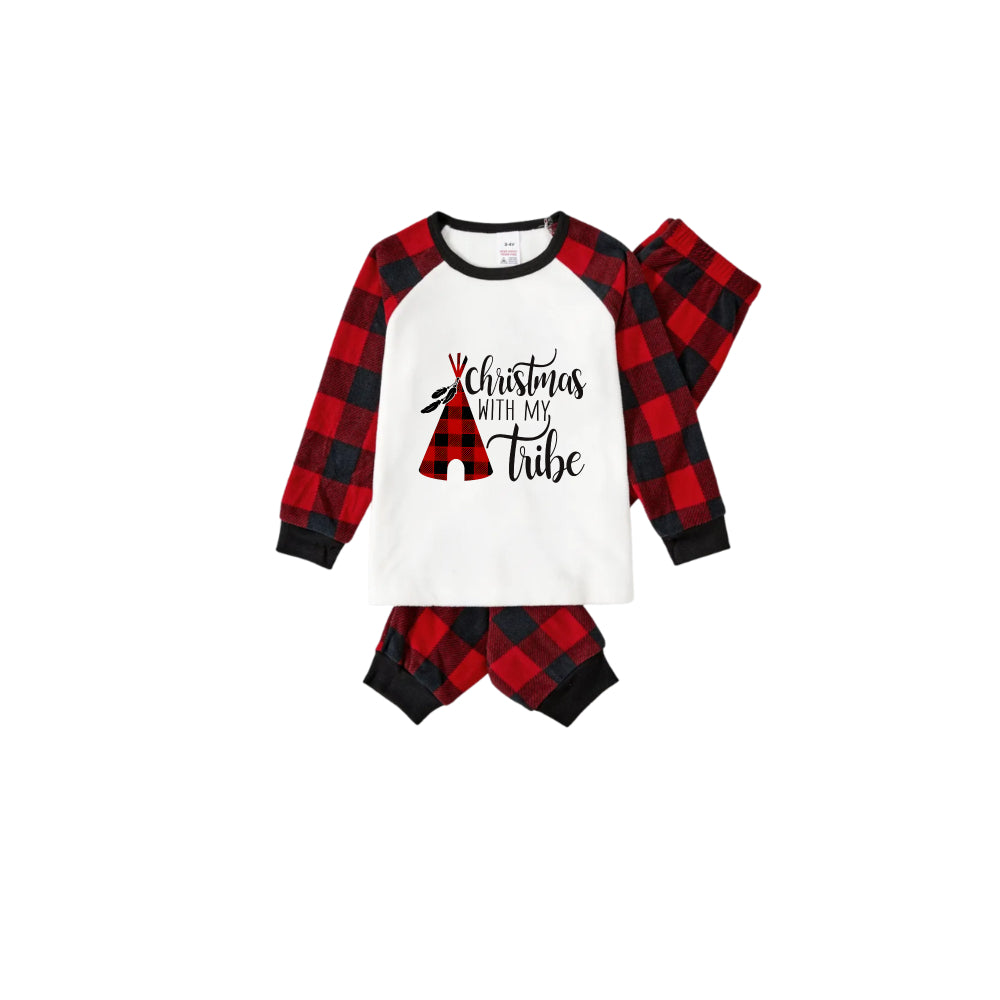 WW | "Christmas With My Tribe" Pattern White Long Sleeve with Black and Red Plaid Pants Family Matching Pajamas