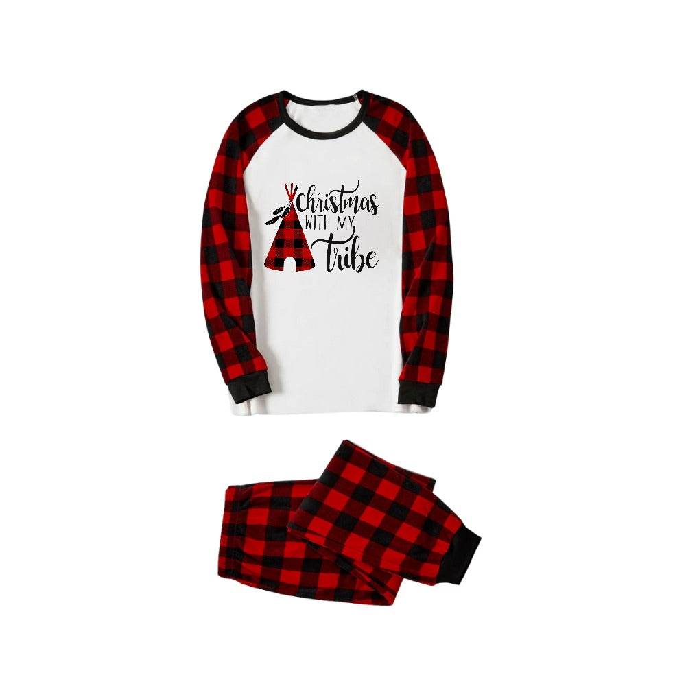 WW | "Christmas With My Tribe" Pattern White Long Sleeve with Black and Red Plaid Pants Family Matching Pajamas