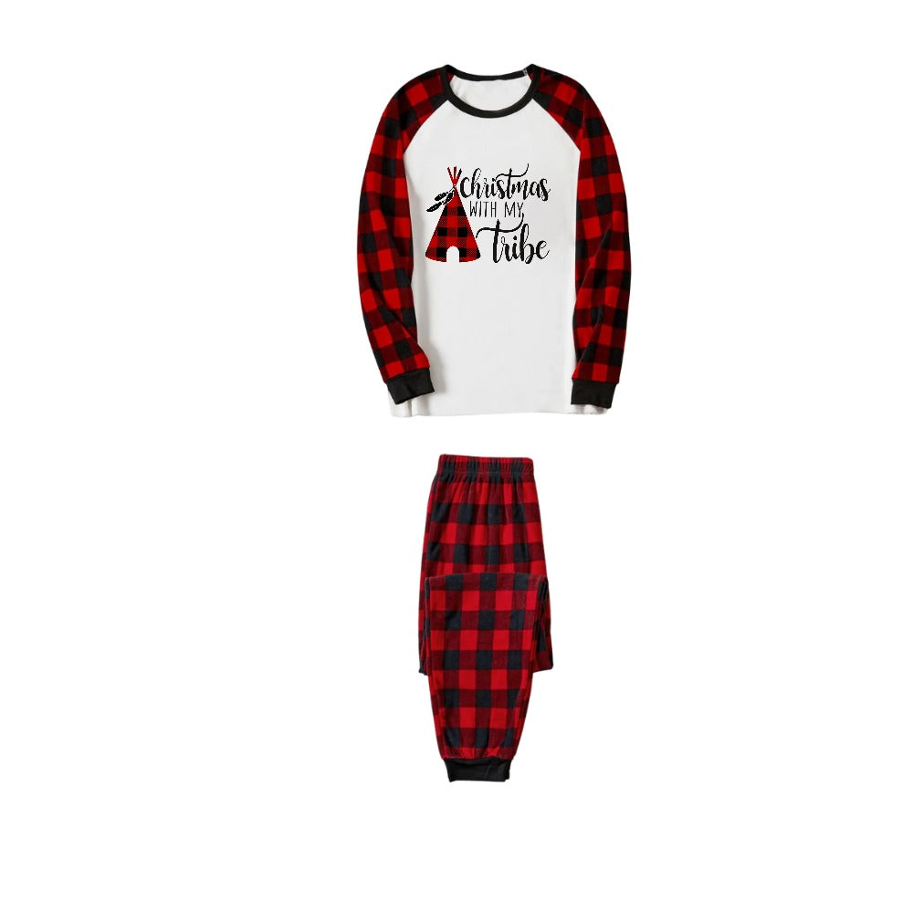 WW | "Christmas With My Tribe" Pattern White Long Sleeve with Black and Red Plaid Pants Family Matching Pajamas