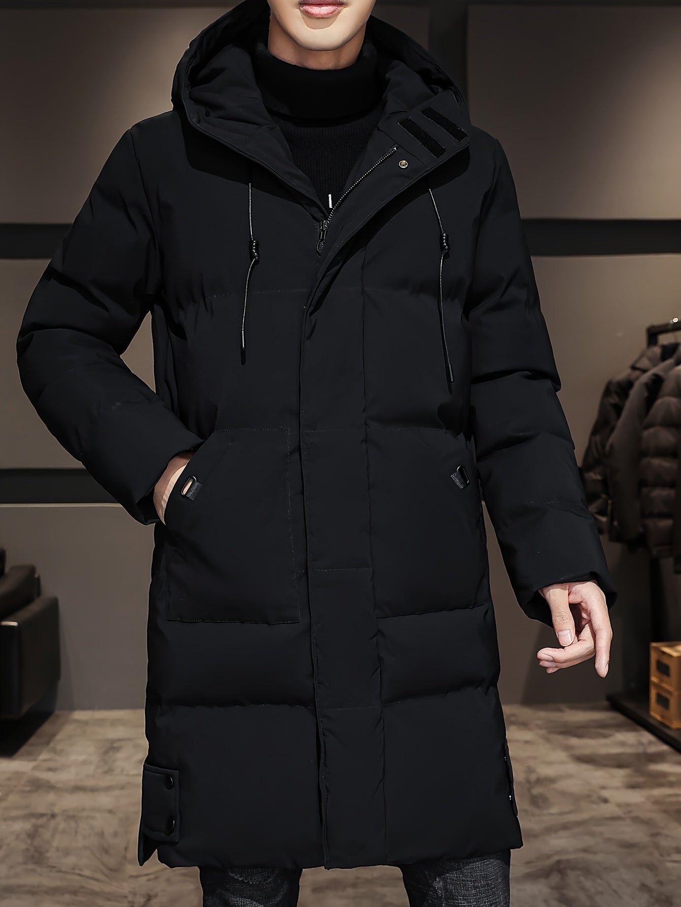 WW | Black Padded Long Hooded Cotton Winter Jacket for Men - Perfect for Outdoor Activities