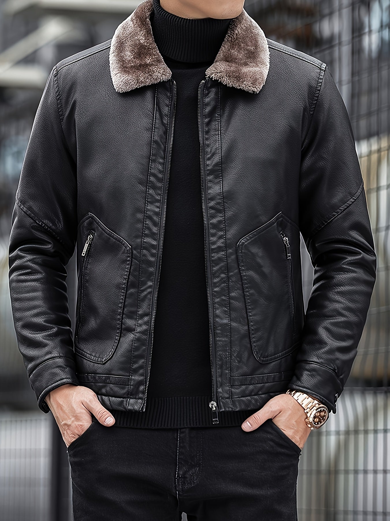 WW | Fleece Gefütterte PU Lederjacke Mit Schicker Reißverschlusstasche Für Herren - Perfekt für WW | Tage