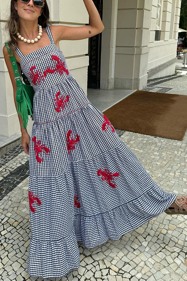 Long checked dress with embroidered shrimp