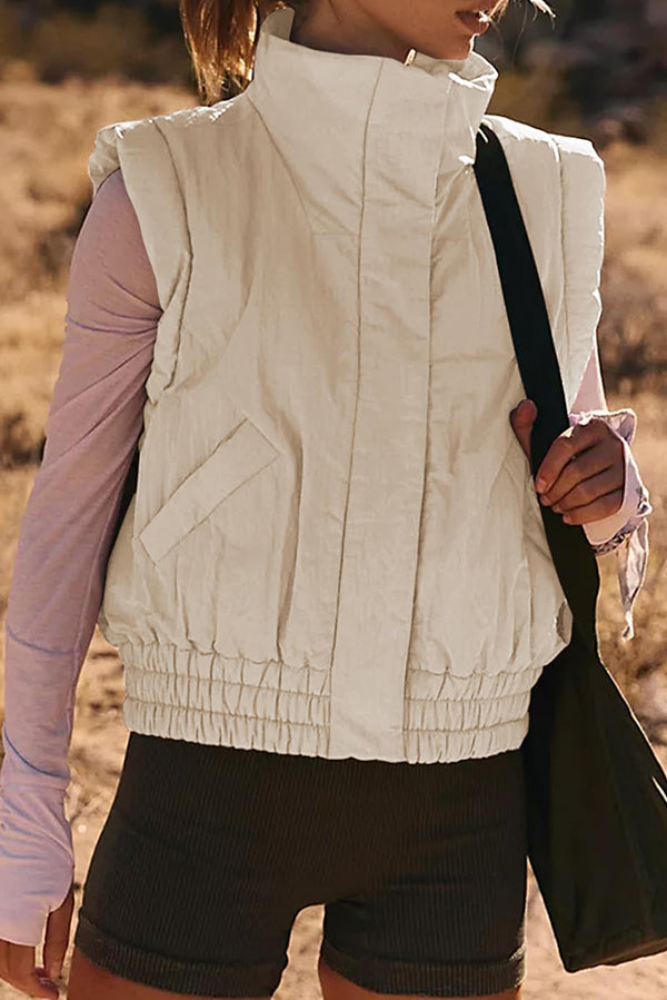 WW | Stehkragenknopf ärmellos lockerer Taschenkastenjacke