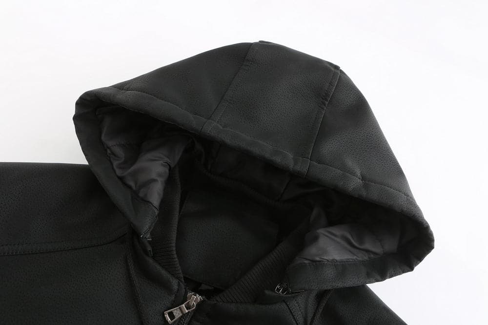 WW | Leder Look Jacke Kordelzug Kapuze Ge Quiltete Fütterung Reißverschlussverschluss Gerippter Saum
