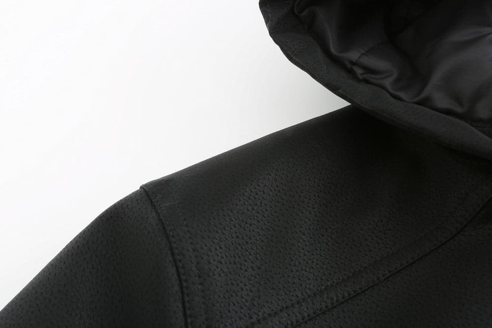 WW | Leder Look Jacke Kordelzug Kapuze Ge Quiltete Fütterung Reißverschlussverschluss Gerippter Saum