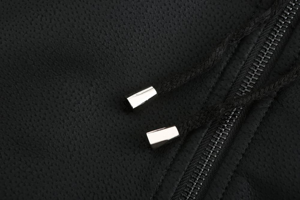 WW | Leder Look Jacke Kordelzug Kapuze Ge Quiltete Fütterung Reißverschlussverschluss Gerippter Saum