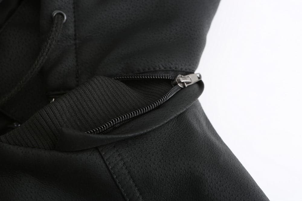 WW | Leder Look Jacke Kordelzug Kapuze Ge Quiltete Fütterung Reißverschlussverschluss Gerippter Saum