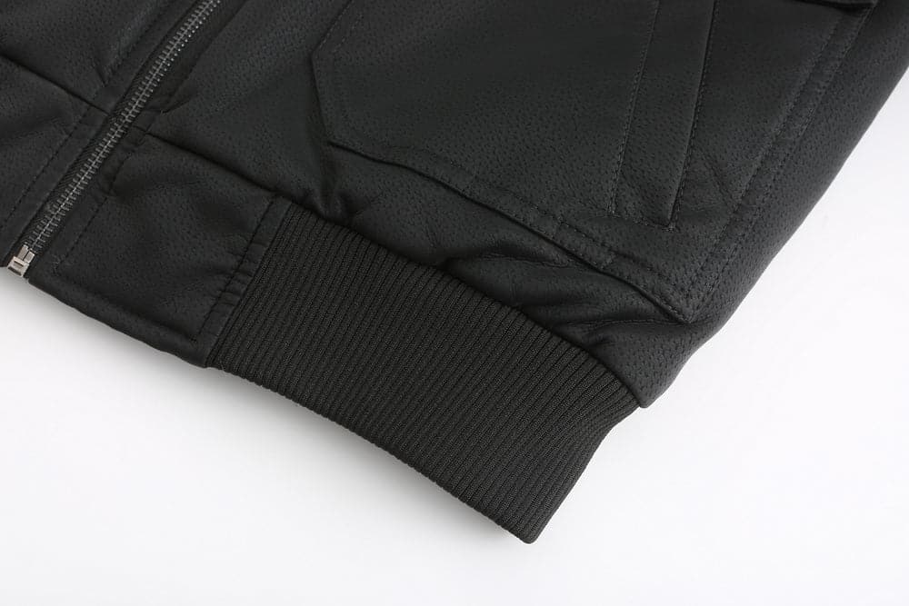 WW | Leder Look Jacke Kordelzug Kapuze Ge Quiltete Fütterung Reißverschlussverschluss Gerippter Saum