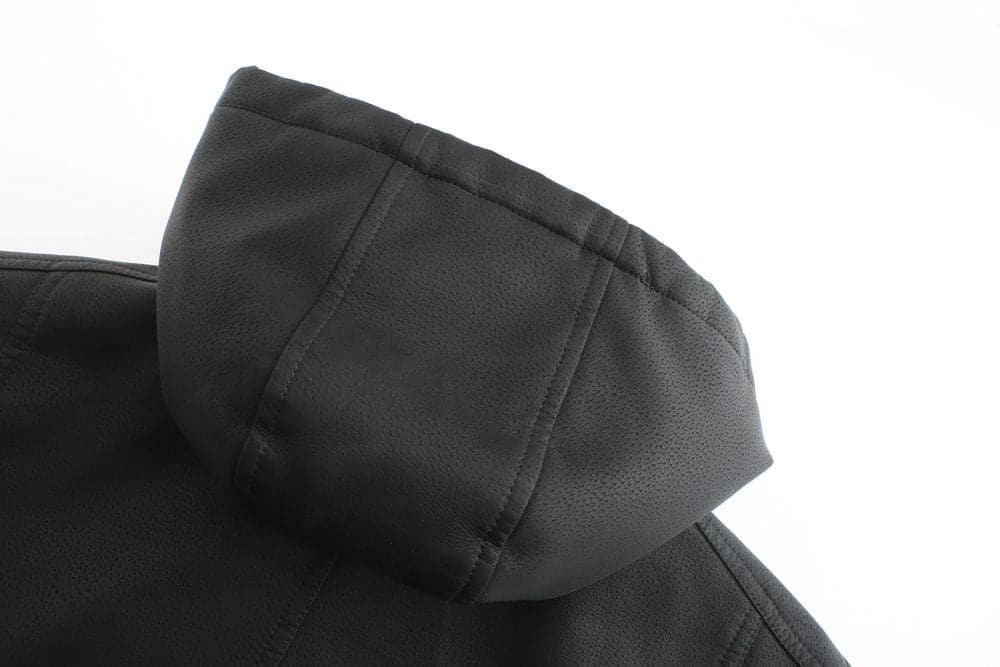 WW | Leder Look Jacke Kordelzug Kapuze Ge Quiltete Fütterung Reißverschlussverschluss Gerippter Saum