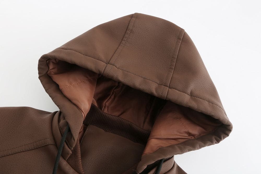 WW | Leder Look Jacke Kordelzug Kapuze Ge Quiltete Fütterung Reißverschlussverschluss Gerippter Saum