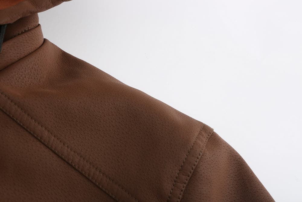 WW | Leder Look Jacke Kordelzug Kapuze Ge Quiltete Fütterung Reißverschlussverschluss Gerippter Saum