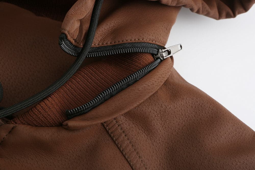 WW | Leder Look Jacke Kordelzug Kapuze Ge Quiltete Fütterung Reißverschlussverschluss Gerippter Saum