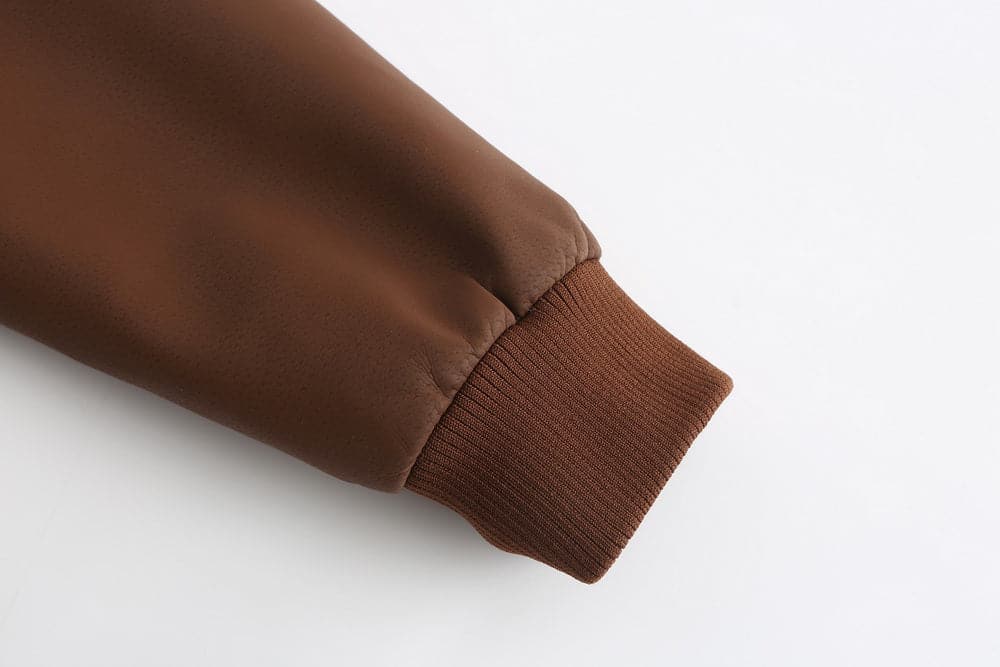 WW | Leder Look Jacke Kordelzug Kapuze Ge Quiltete Fütterung Reißverschlussverschluss Gerippter Saum