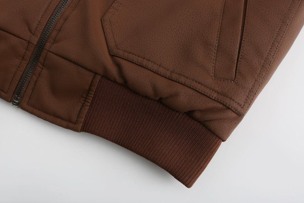 WW | Leder Look Jacke Kordelzug Kapuze Ge Quiltete Fütterung Reißverschlussverschluss Gerippter Saum