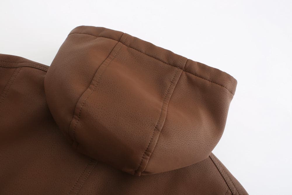 WW | Leder Look Jacke Kordelzug Kapuze Ge Quiltete Fütterung Reißverschlussverschluss Gerippter Saum