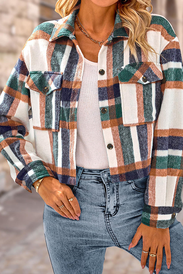 WW | Pocket Fashion Casual Cropped Damen Karierte Jacke
