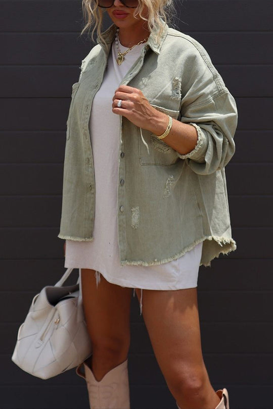 WW | Lapel Long Sleeve Ripped Denim Jacket