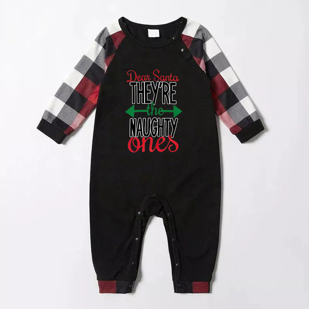 WW | Dear Santa You are the Naughty' Print Casual Long Sleeve Sweatshirts Contrast Tops and Red & Black & White Plaid Pants Family Matching Pajama Set with Dog Bandana
