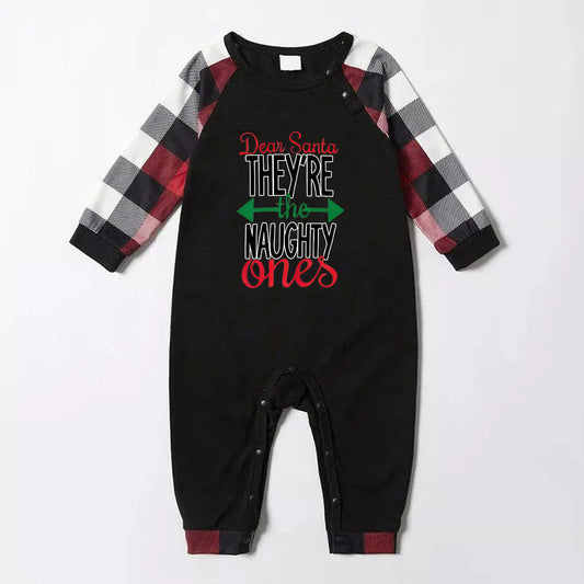 WW | Dear Santa You are the Naughty' Print Casual Long Sleeve Sweatshirts Contrast Tops and Red & Black & White Plaid Pants Family Matching Pajama Set with Dog Bandana