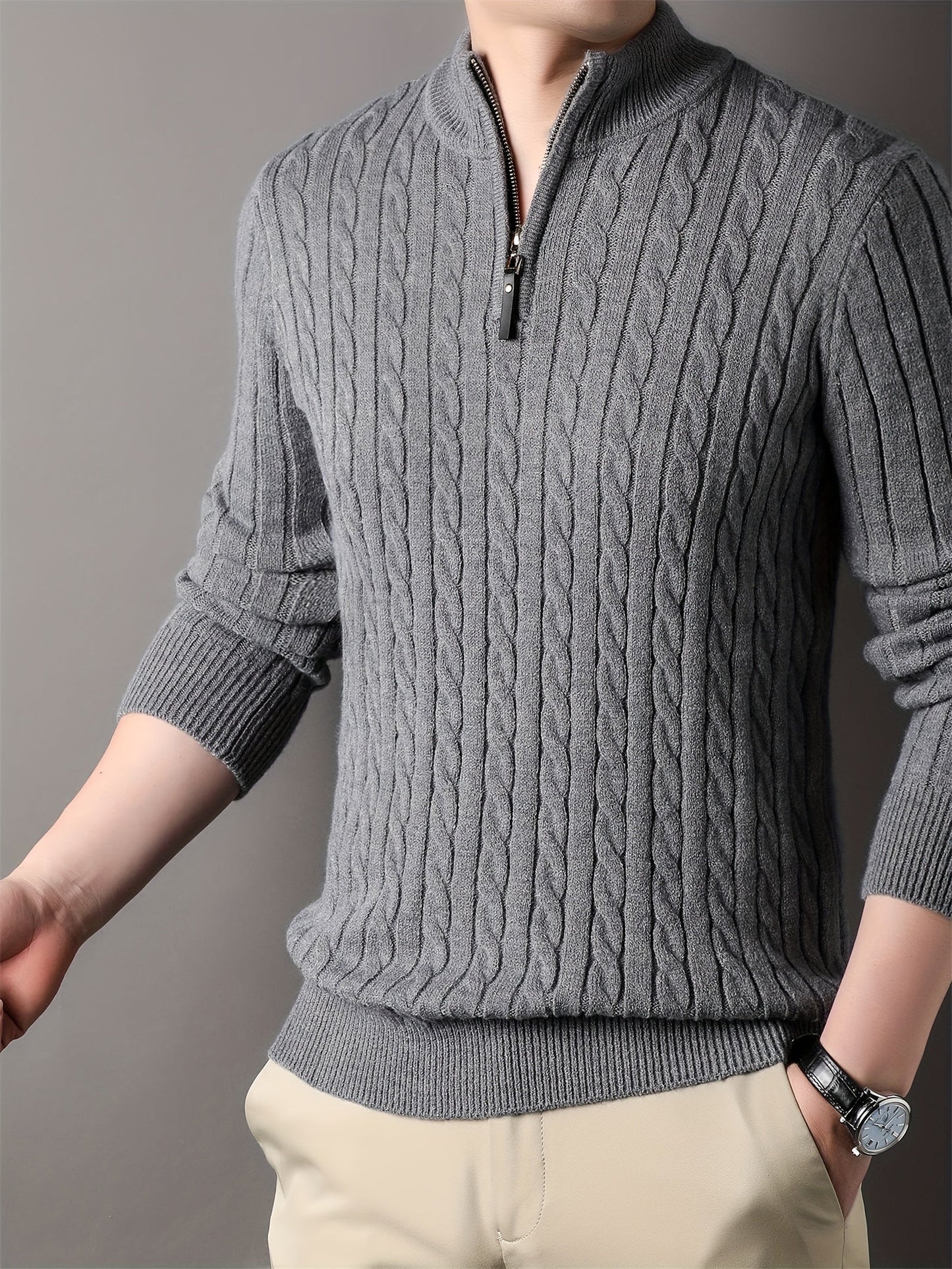 WW | Men's Casual Cable Knit Zip Sweater