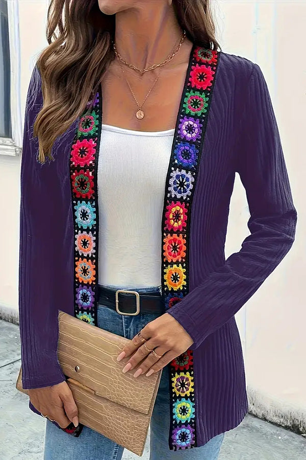 WW | Boho knit cardigan with floral trim and long sleeves