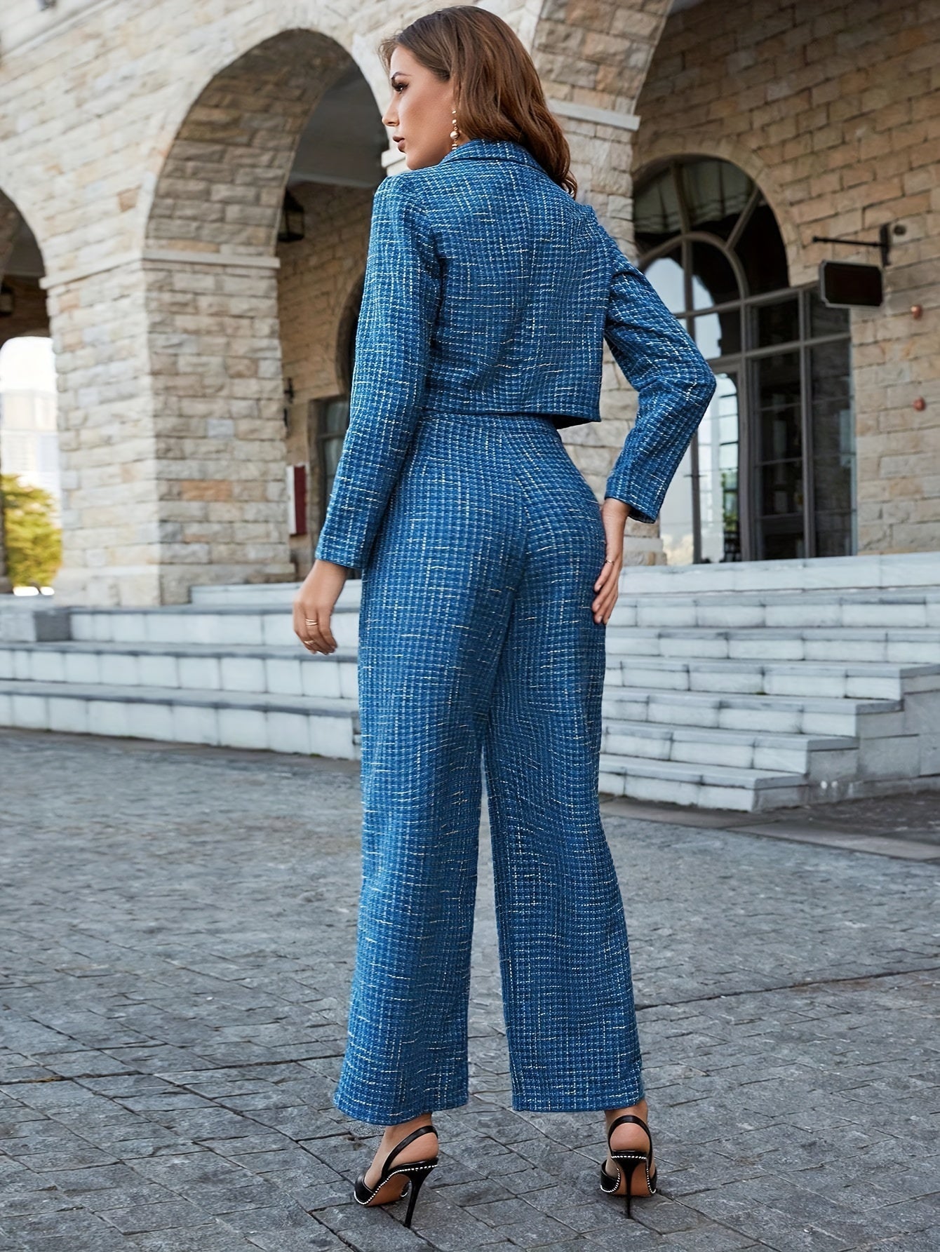 WW | Women's Tweed Cropped Blazer and Pants Outfit Set - For Formal Occasions