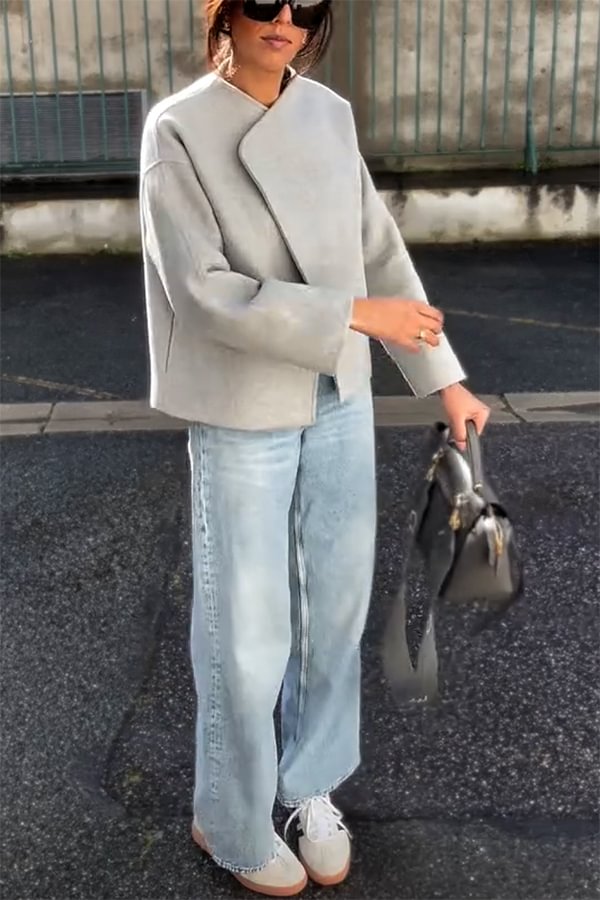 WW | and Structured Faux Wool Lapel Long Sleeve Loose Jacket