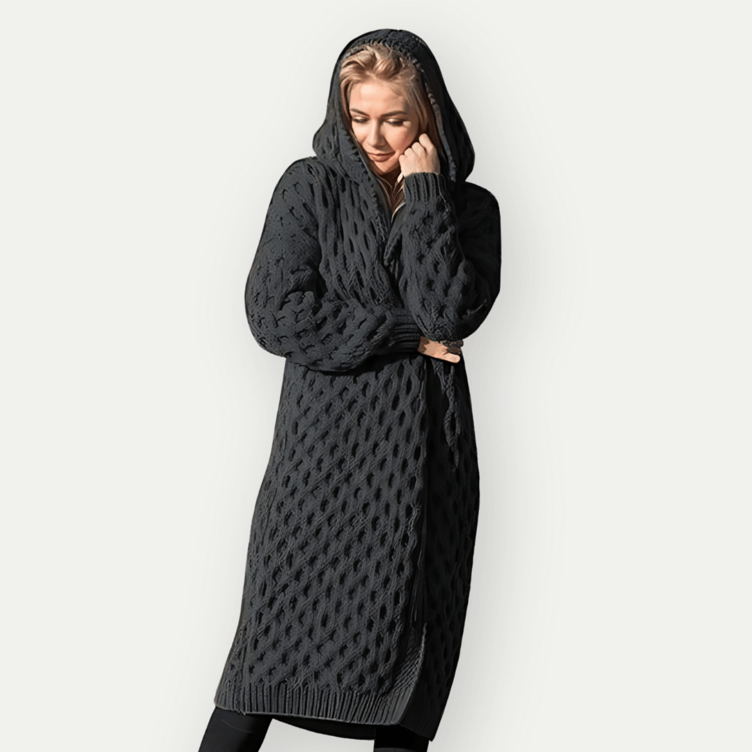 WW | Strickjacke Lockere Passform Zopf Muster Offene Vorderseite mit Kapuze