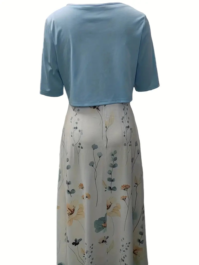 WW | Elegante Zweiteilige Blumenkleid-Set mit Einfarbigem Crop-Top und Rundhalskleid