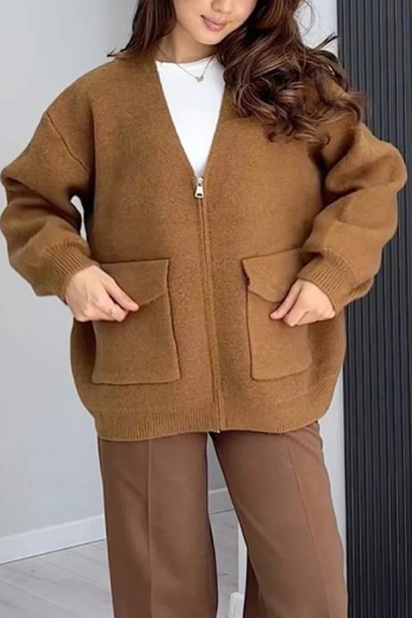 WW | Farbe Vielseitiger V-Ausschnitt Taschenpullover Jacke