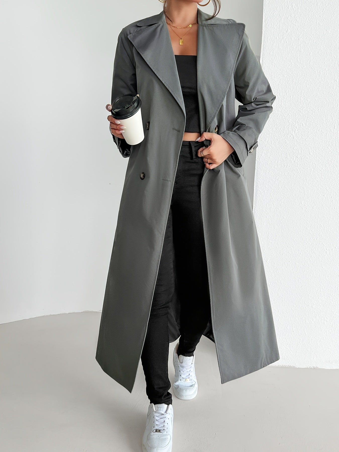 WW | einfarbiger Trenchcoat mit Gürtel für Damen - Perfekt für legere Tage