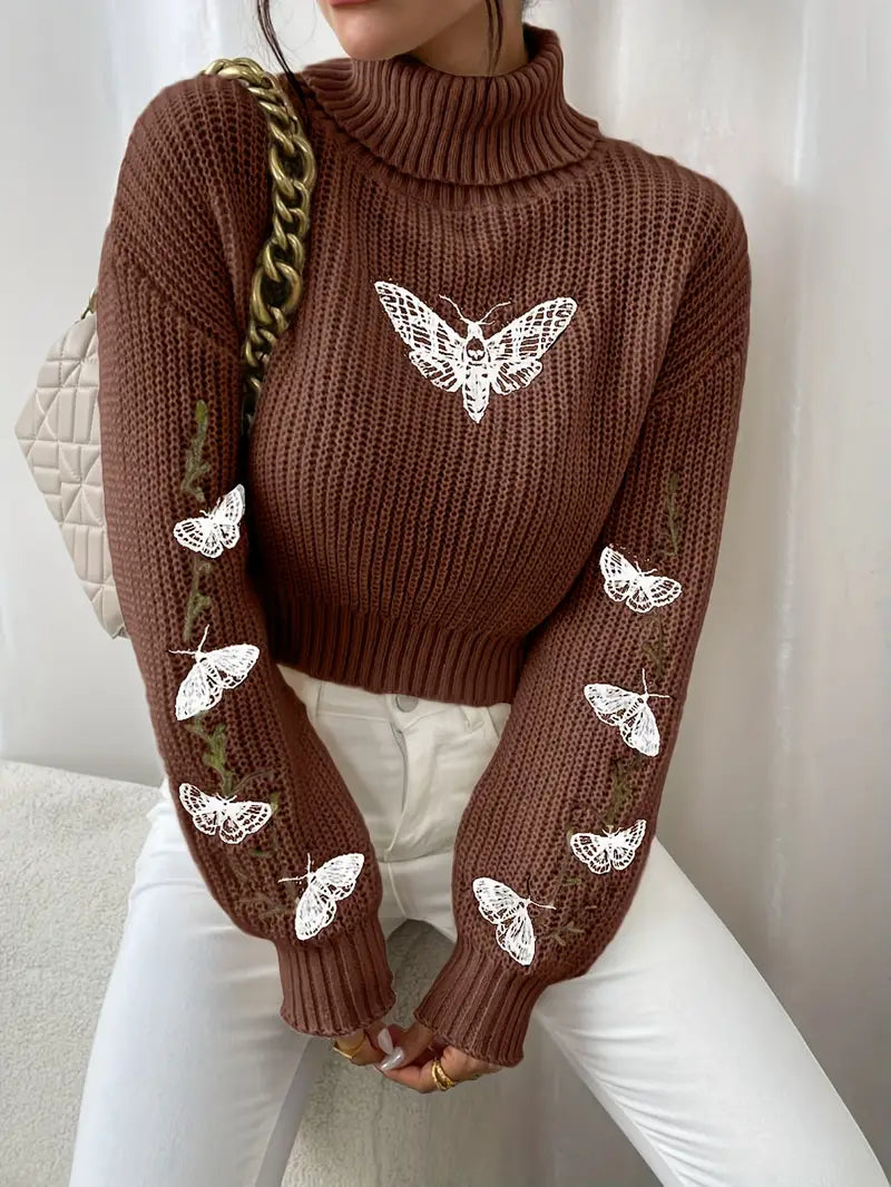 WW | Pullover with Butterfly Pattern and High Collar - Elegant Women's Fashion