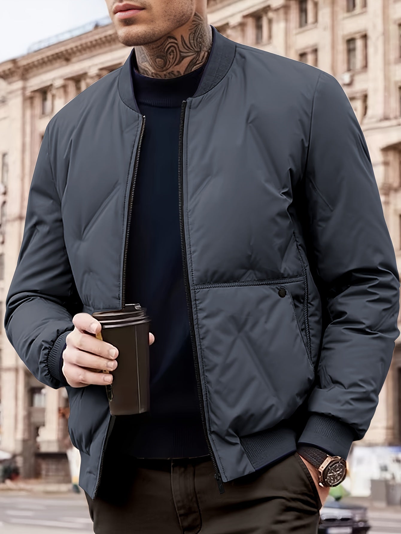 WW | Baseball Collar Zipper Solid Fleece With Pockets Men's Winter Jacket - Perfect for Outdoor Activities