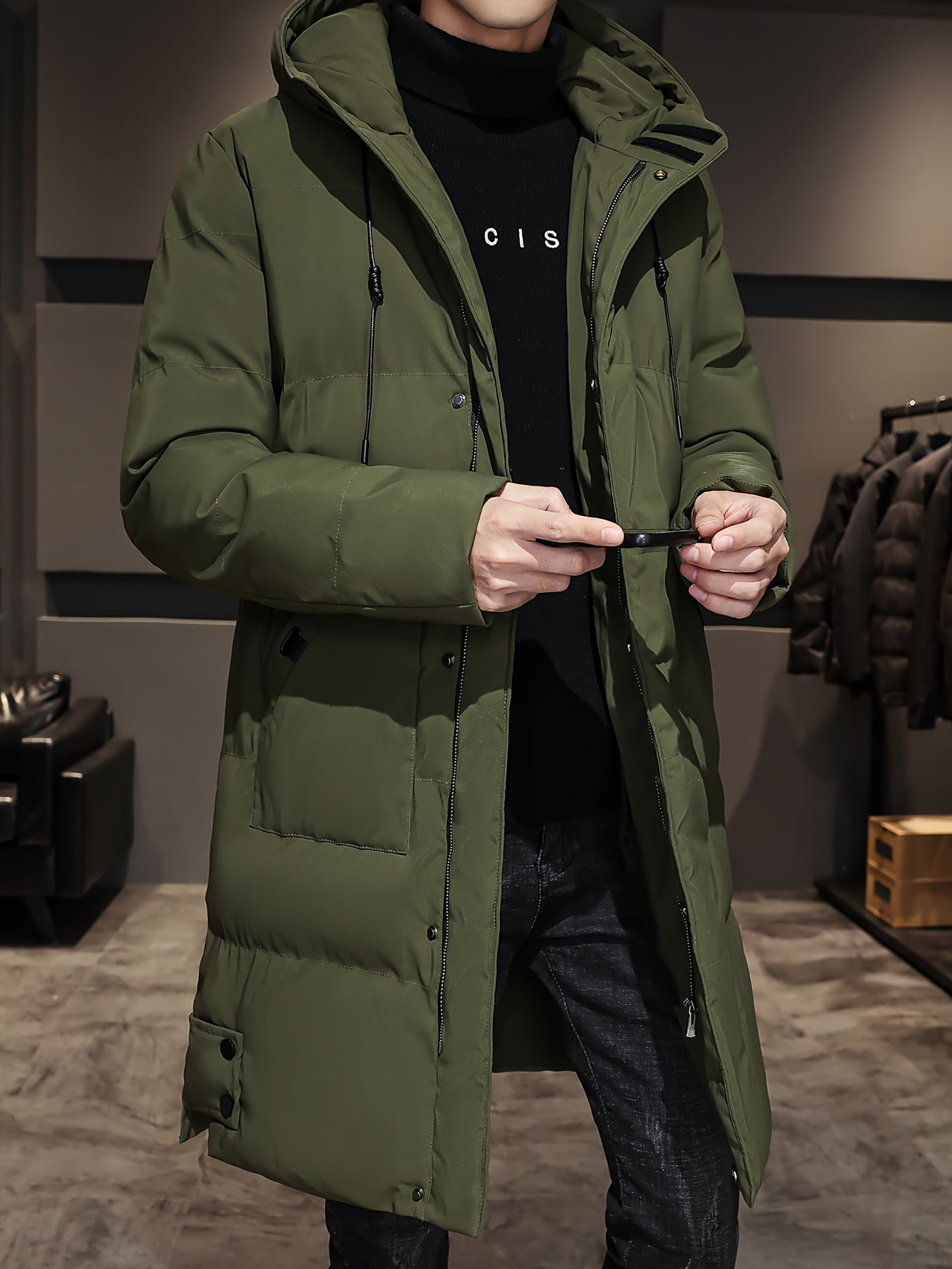 WW | Black Padded Long Hooded Cotton Winter Jacket for Men - Perfect for Outdoor Activities