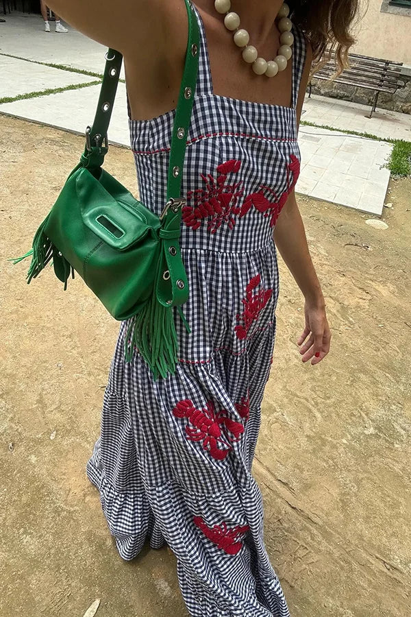 Long checked dress with embroidered shrimp