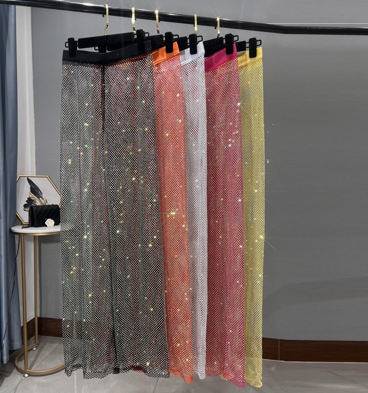 WW | Rhinestone Gerade Netz Weite Bein Slim Fit Schmeichelnde Mop Hosen