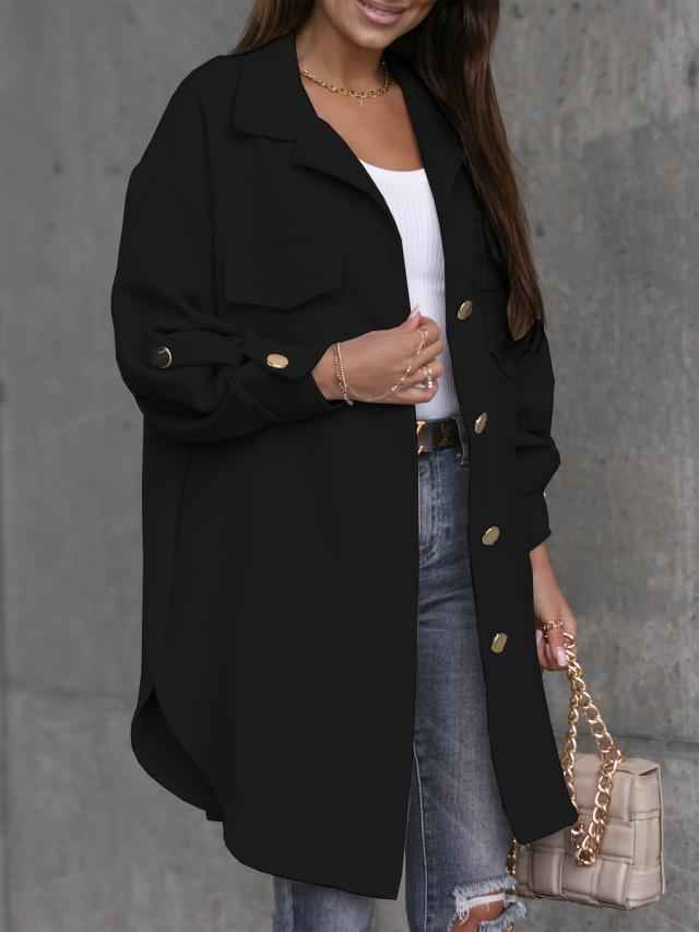WW | Comfortable long shirt jacket with buttons, wool collar and lapels