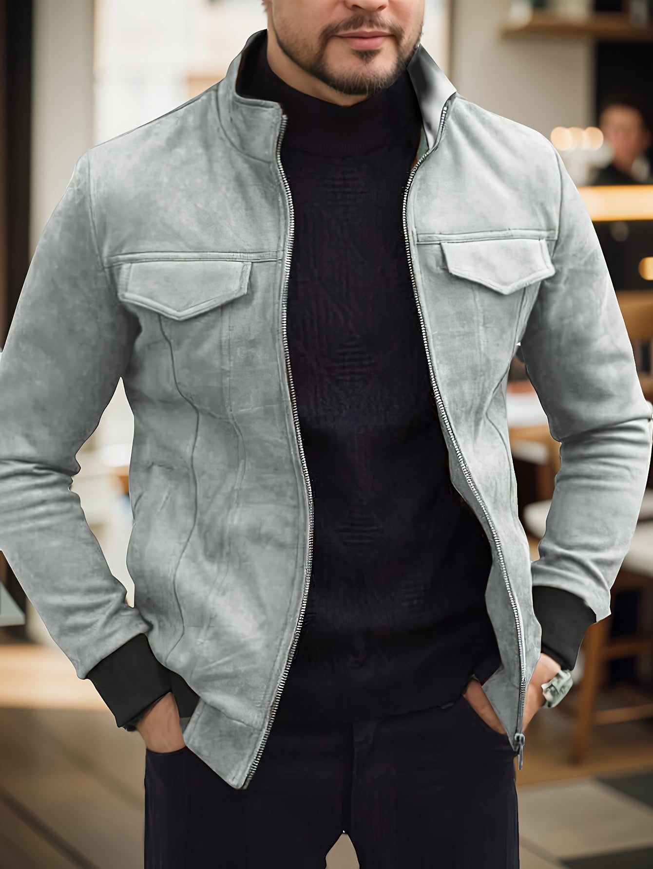 WW | lässige warme Wildlederjacke mit Samtprint für Herren - Ideal für Herbst/Winter