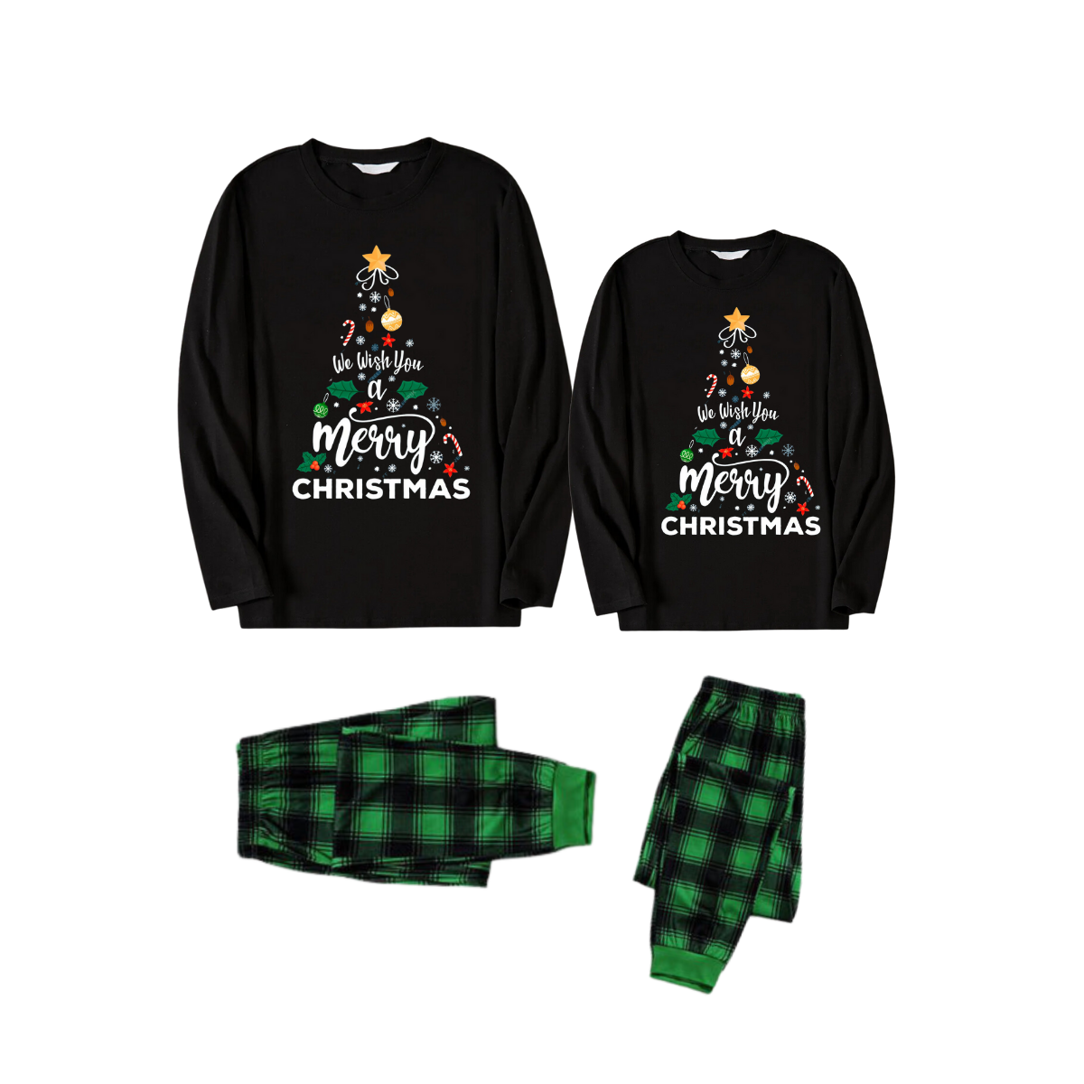 WW | "We wish you a Merry Christmas" Printed Pattern Black Long Sleeve Top with Black and Green Plaid Pants Couple Matching Pajamas
