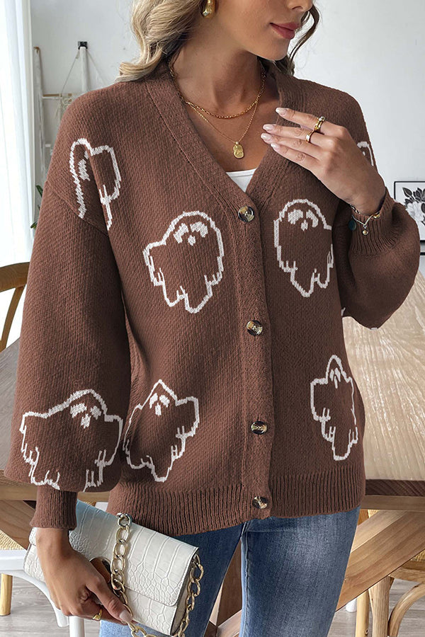 WW | Cozy Halloween ghost knit sweater with button placket