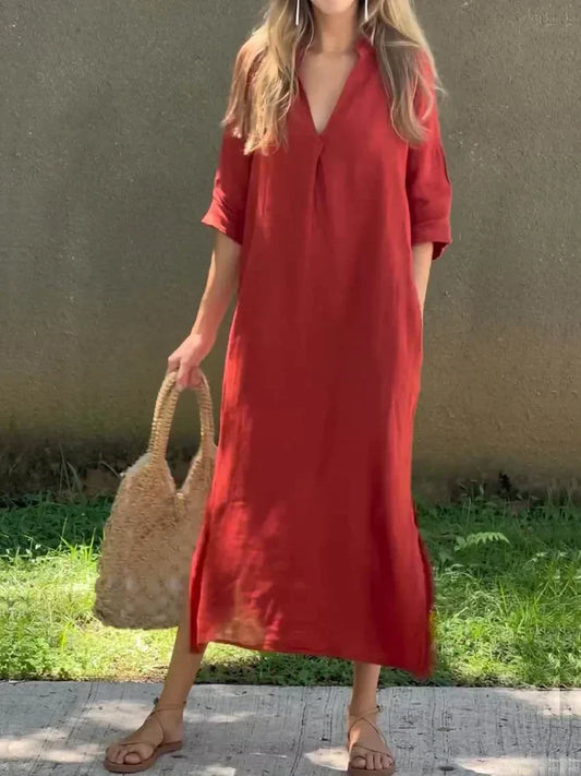 WW | Simple V-Neck Linen Dress with Pockets