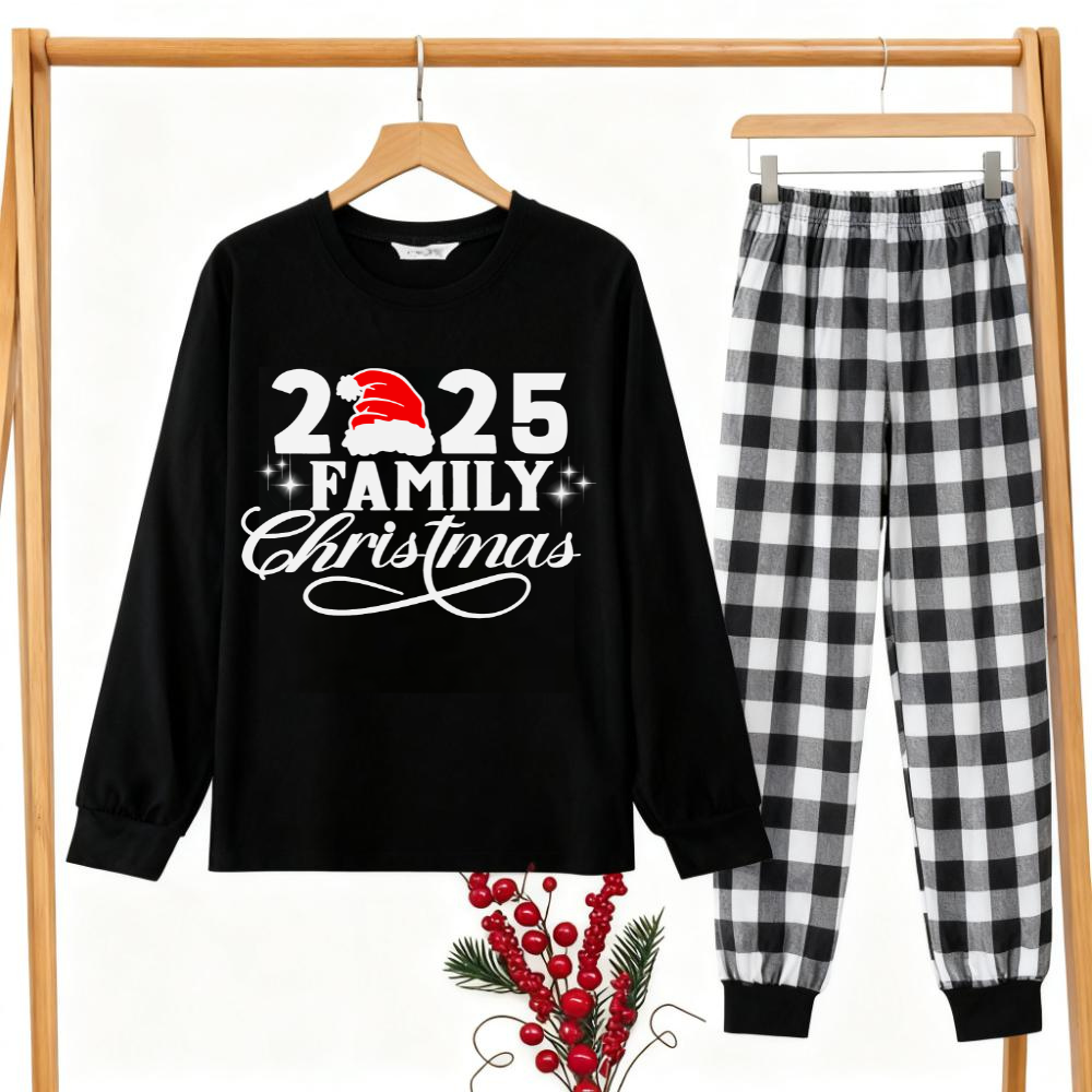 WW | "2025 Family Christmas" Letter Print Black Long Sleeve Top with Black and White Plaid Pants Partner Matching Pajamas