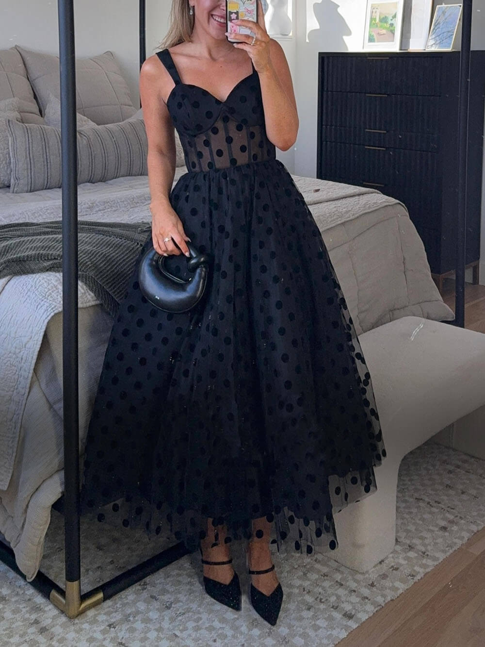 Exquisite Perfect Tulle Dot Pattern Sweetheart Bustier A-Line Midi Dress