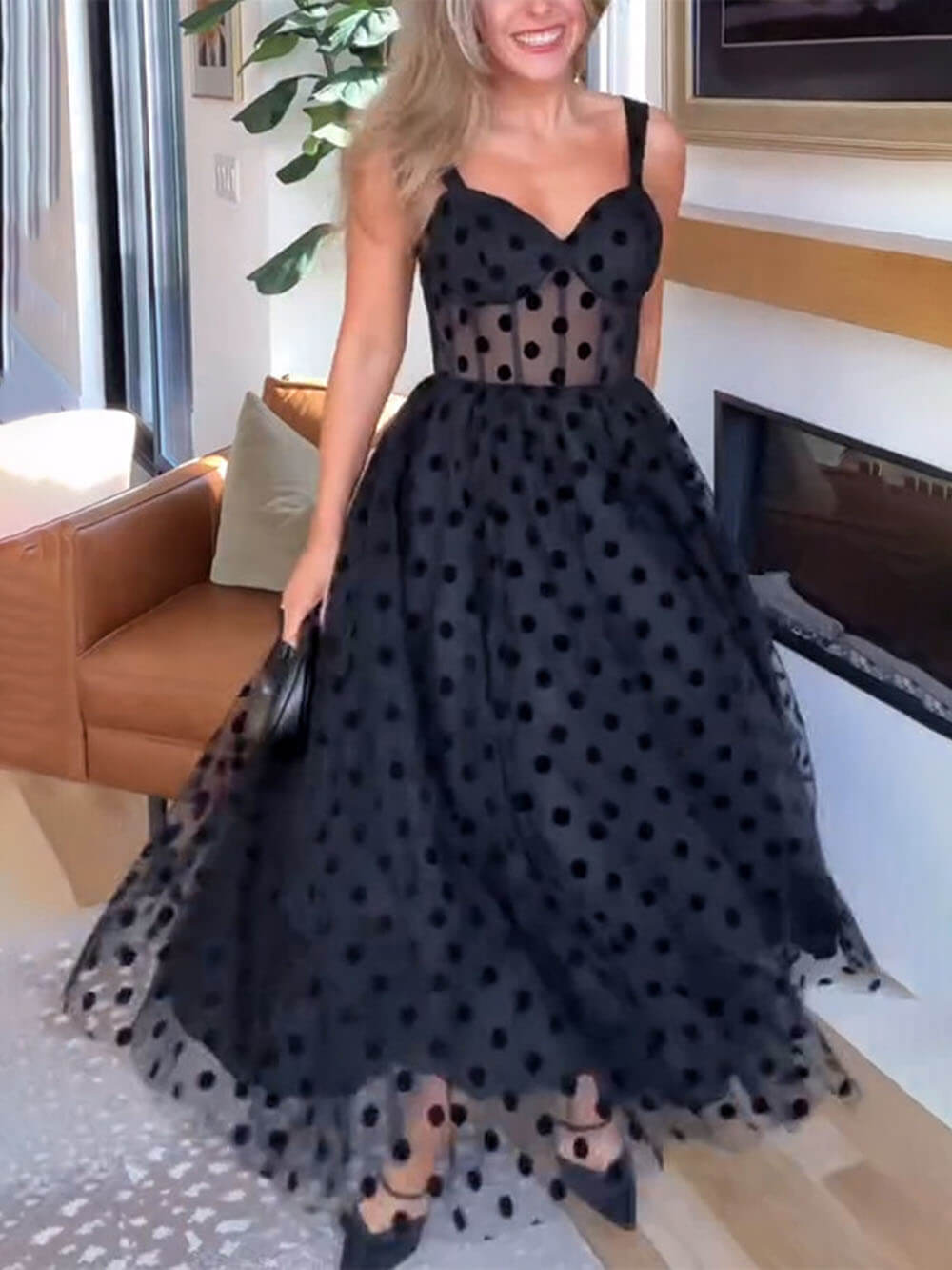 Exquisite Perfect Tulle Dot Pattern Sweetheart Bustier A-Line Midi Dress