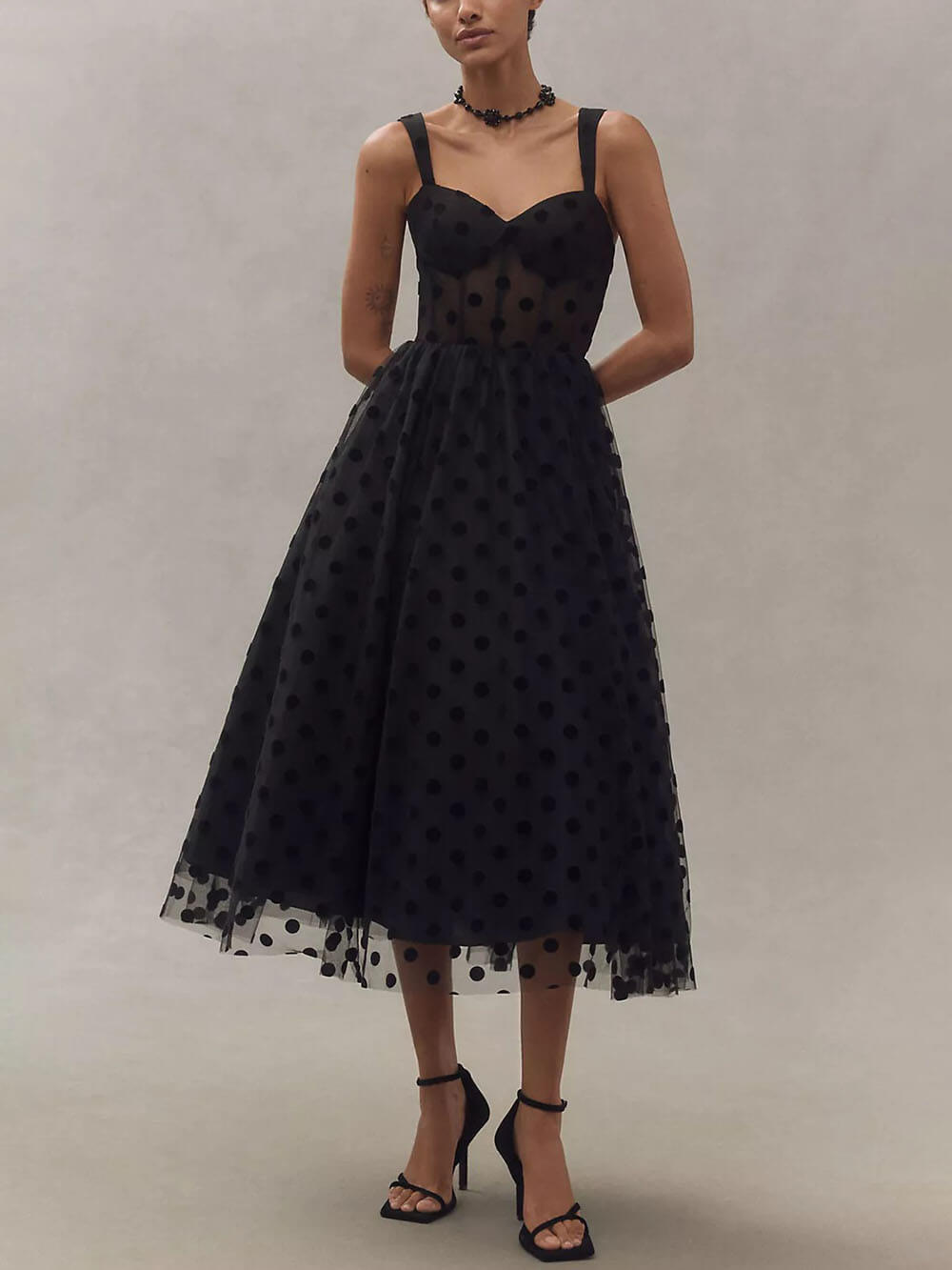 Exquisite Perfect Tulle Dot Pattern Sweetheart Bustier A-Line Midi Dress