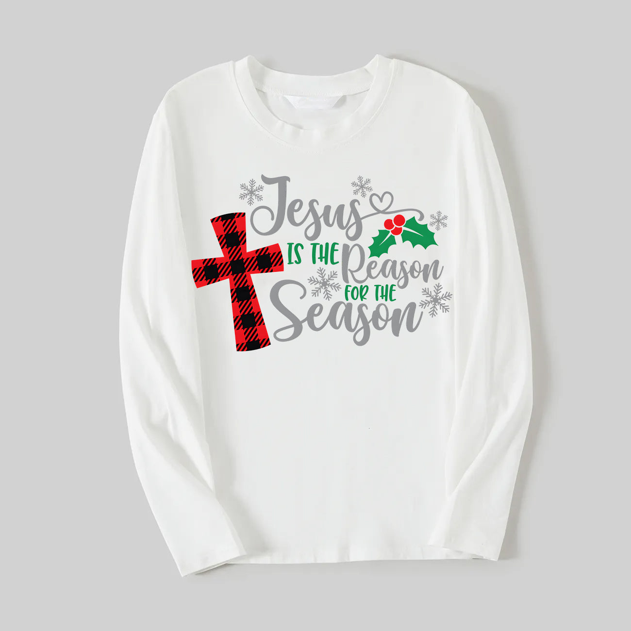 WW | Weihnachten "Jesus ist der Grund für die Saison" Buchstabenprint gemustert weiß Langarm mit weißen&roten&grünen Karohose Familienpassende Schlafanzüge