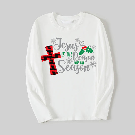 WW | Christmas "Jesus is the Reason for the Season" Letter Print Pattern White Long Sleeve with White & Red & Green Plaid Pants Family Matching Pajamas